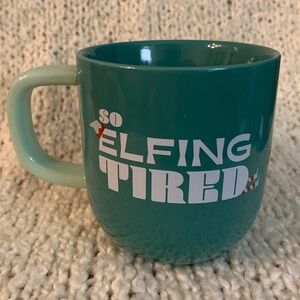 Fun green Christmas mug, So Elfin Tired.